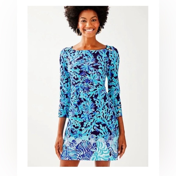 NWT LILLY PULITZER 50+ SOPHIE DRESS Size L BRIGHT NAVY IN TOO DEEP ENGINEERED - Picture 3 of 8